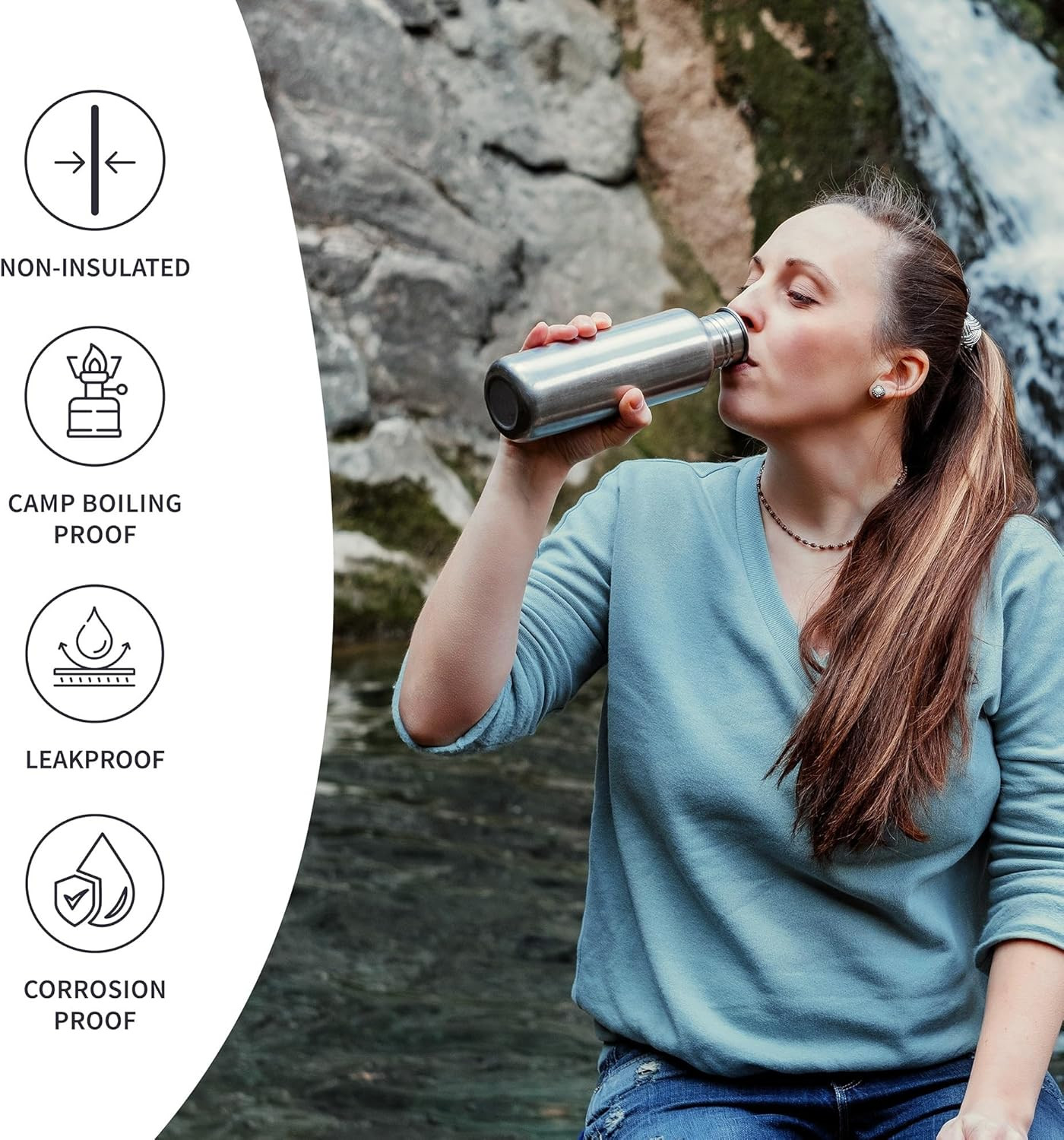 Stainless Steel Water Bottles 32 oz, Non-insulated Single Wall Metal Water Bot