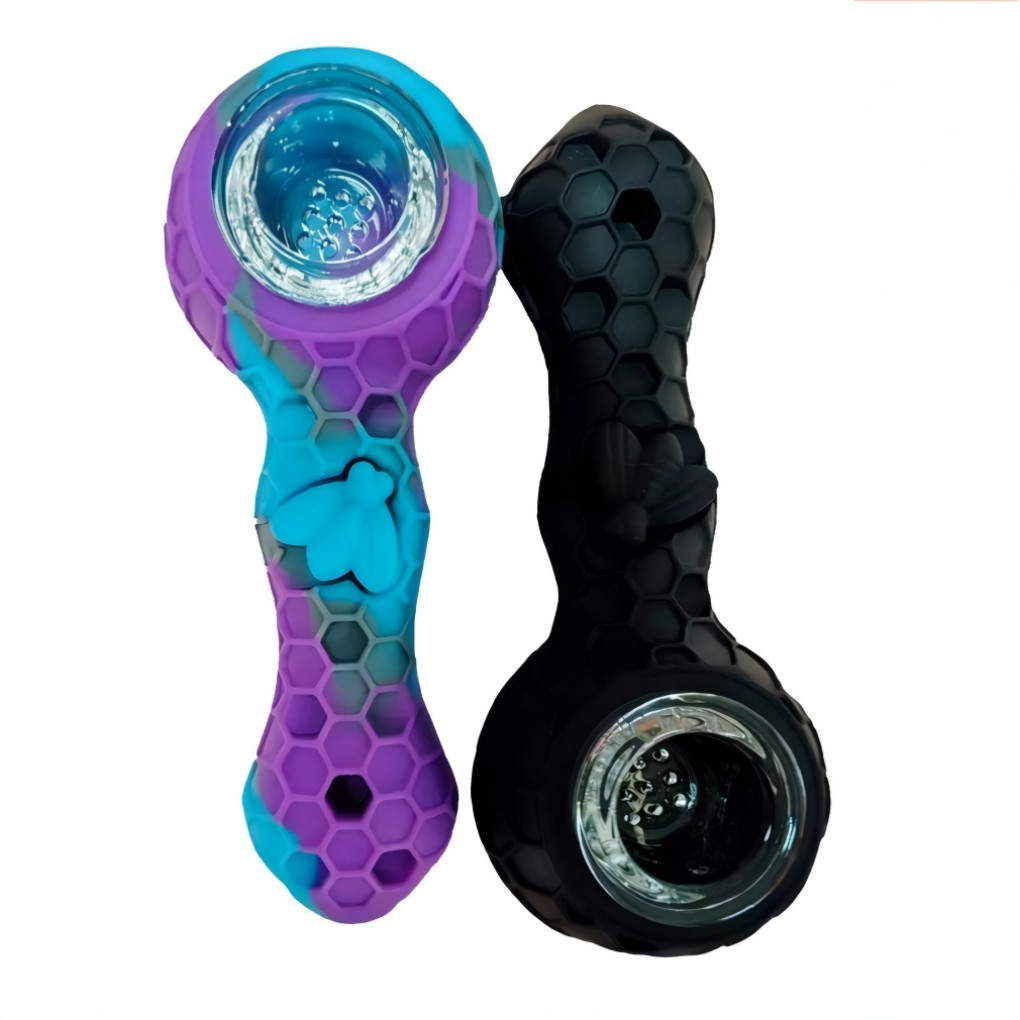 2 Pcs (Blue+Black) SILICONE PIPE 4.3" W/ GLASS BOWL -HoneyComb Bee