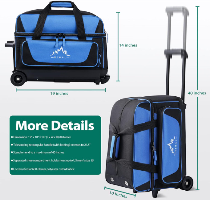 Double Roller Bowling Bag w/ Shoe Compartment (M15), Pocket, 40" Handle