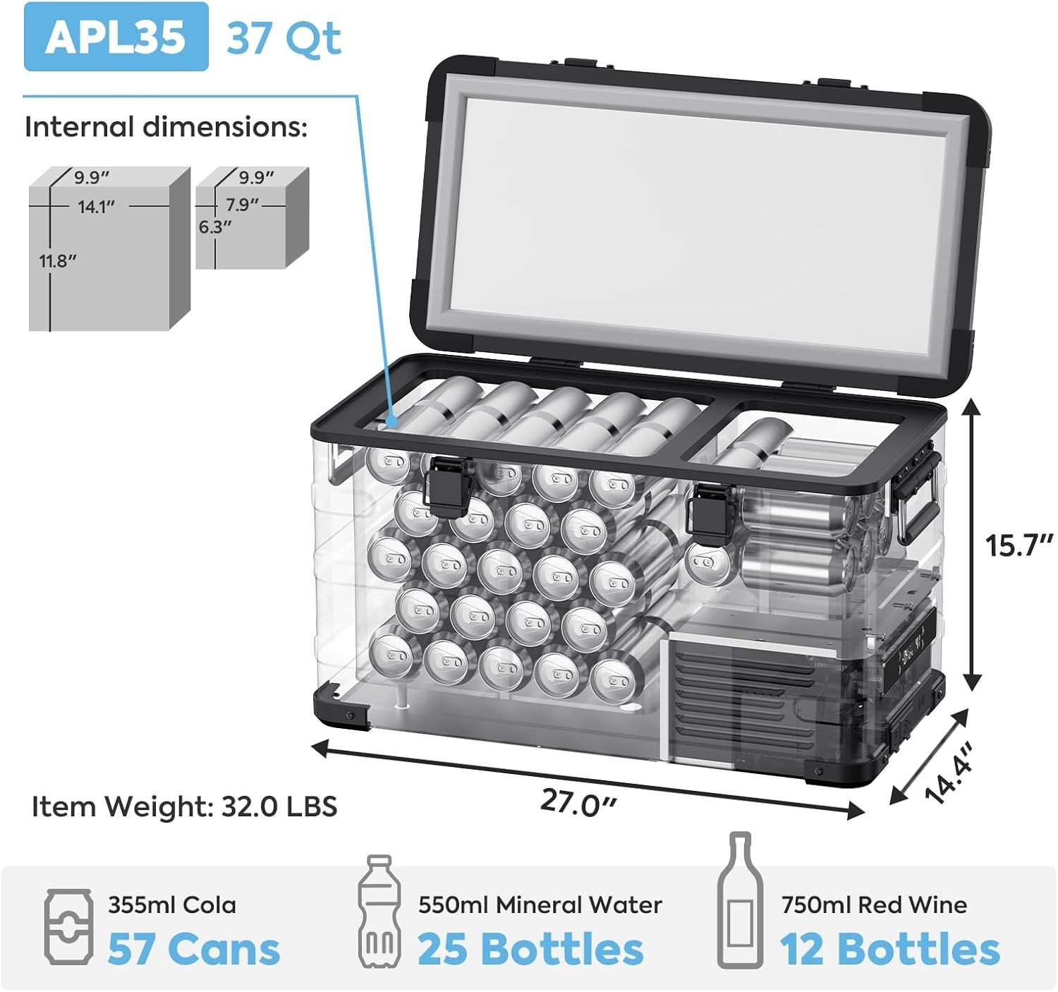 APL35 Dual Zone Portable Fridge Freezer 37 Quart 12V Car Refrigerator DC/AC