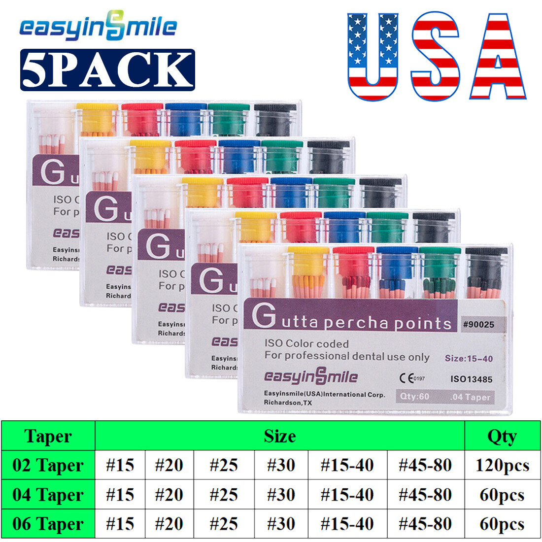 5pk Dental Endodontic Gutta Percha Points Root Canal 02/04/06Taper 15-40# 45-80#