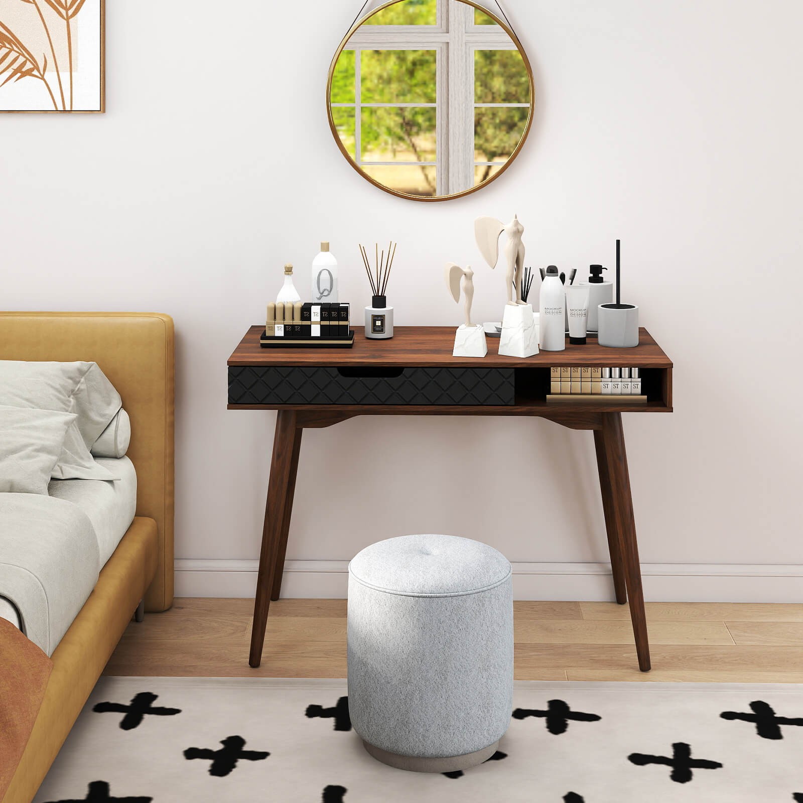 Mid-Century Modern Computer Desk w/ Drawer & Open Compartment,Rubber Wood Legs