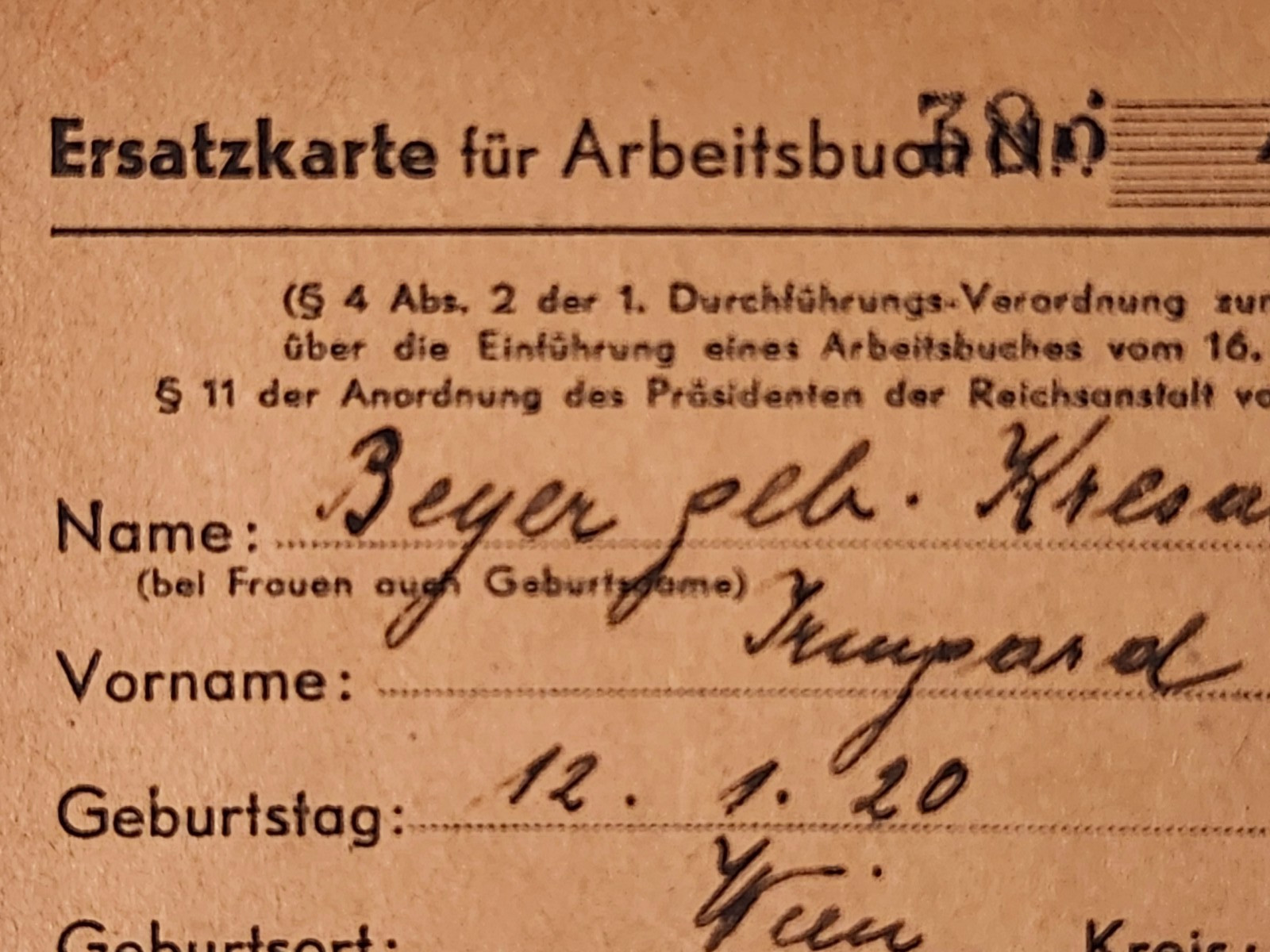 WW2 Germany. Replacement card for workbook, 1941-45..