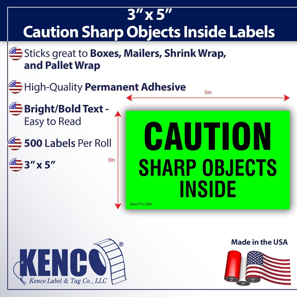 5" x 3" CAUTION SHARP OBJECTS INSIDE Inventory Stickers Shipping Labels - 1500pc