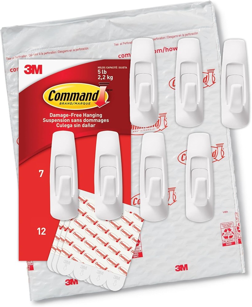 Command 5 lb Large Utility Hooks, 7 Wall Hooks and 12 1 Pack, White