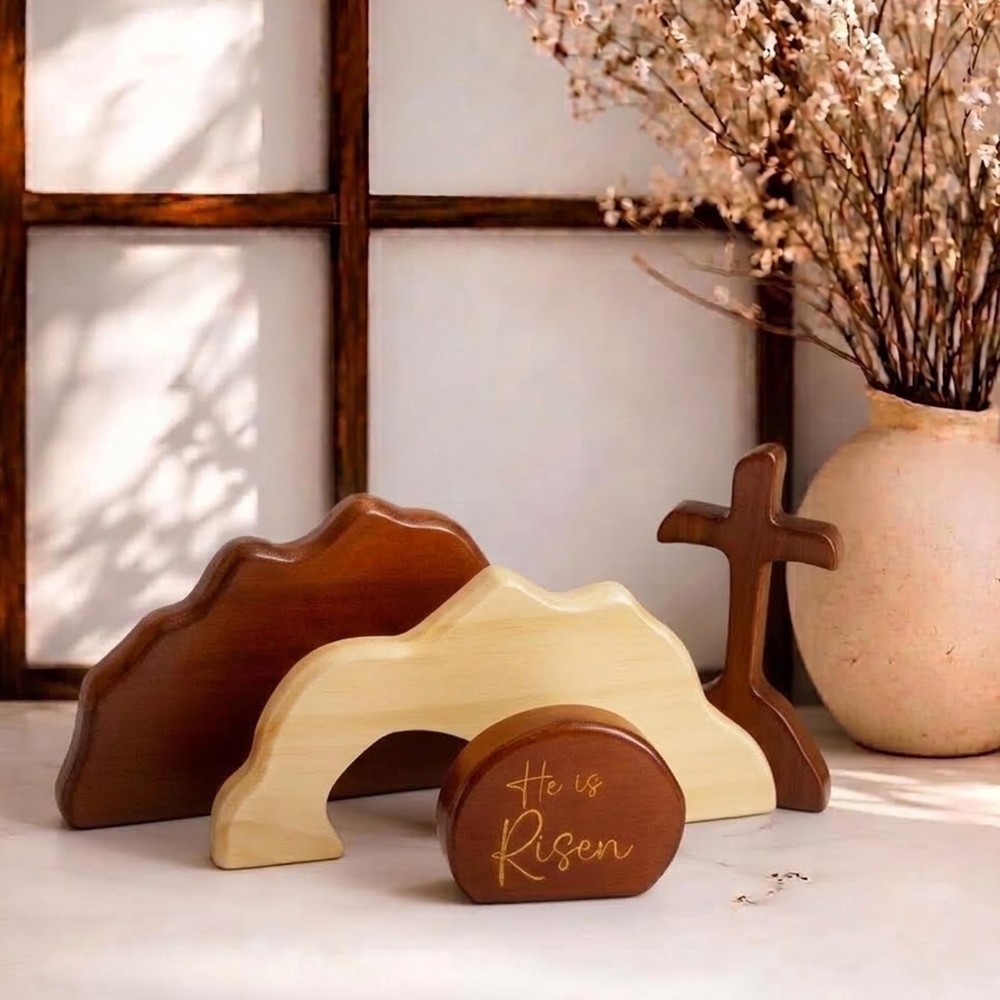 Empty Tomb Scene Spring Easter Decorations, He is Risen Natural Wood Easter D...