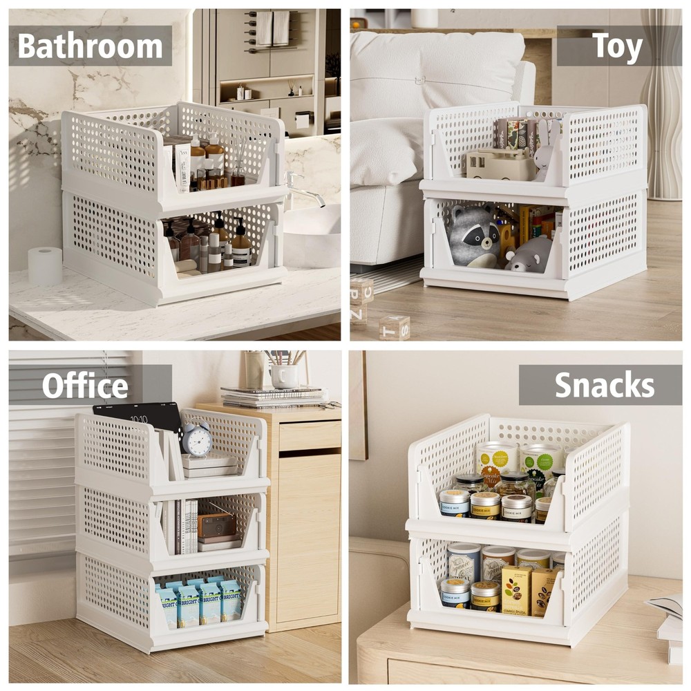 Proarea 4 Pack Stackable Plastic Storage Basket Closet Organizer Bin Foldable...