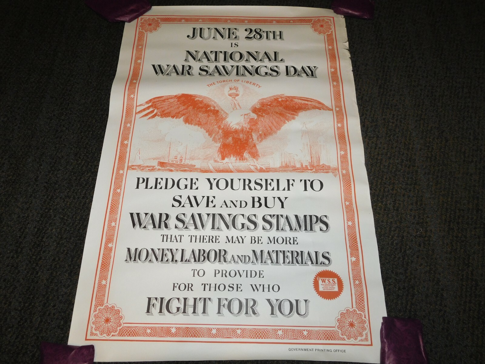 VINTAGE WWI WORLD WAR 1 NATIONAL WAR SAVINGS DAY WSS FIGHT FOR YOU EAGLE POSTER