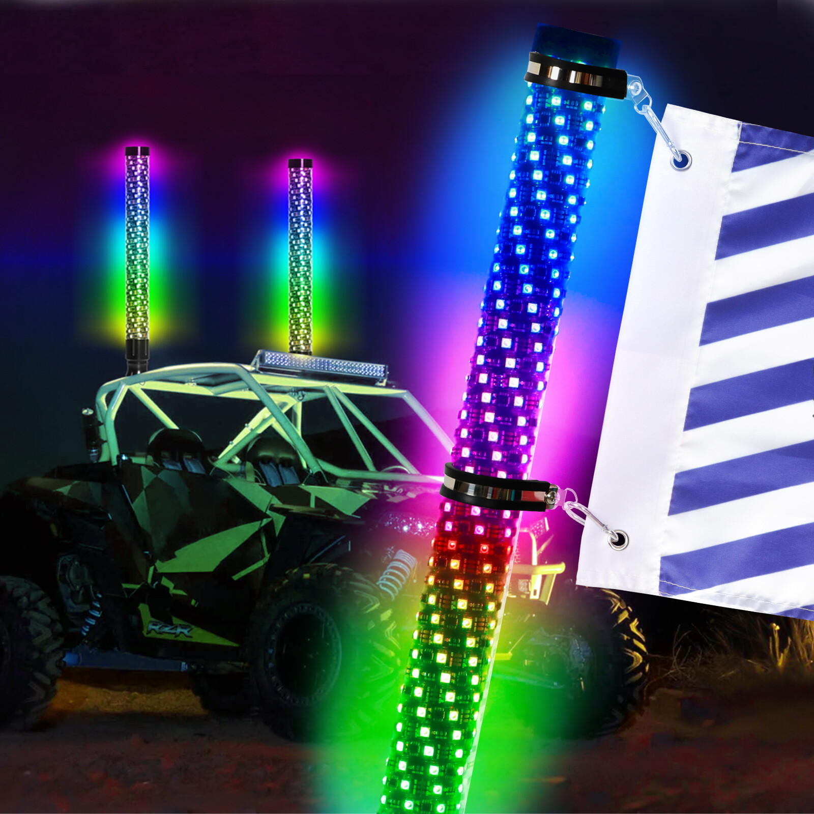 2x 3FT Thick LED Whip Spiral Chasing RGB Fat Whip Lights For Can Am Polaris RZR