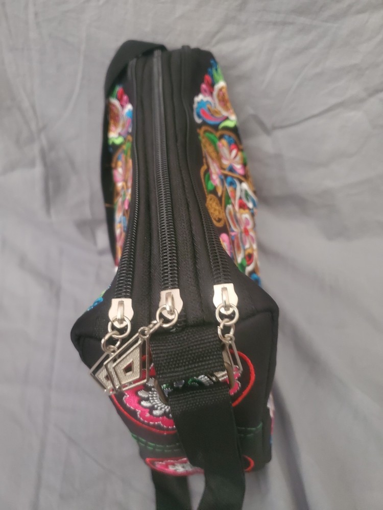 Embroidered Floral Black Shoulder Bag Adjustable Strap Multiple Compartments
