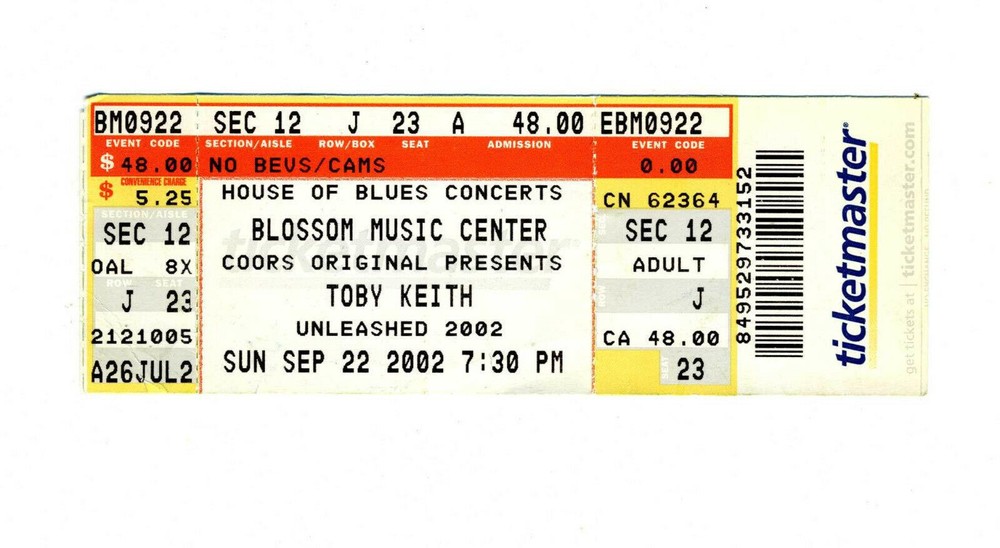 TOBY KEITH 2002 UNLEASHED BLOSSOM CLEVELAND TICKET