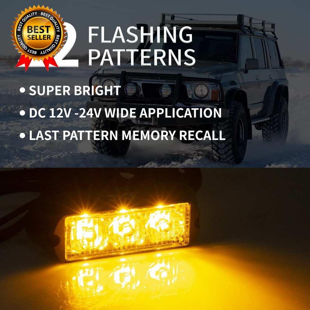 (2PCS 3-LED Strobe Lights Amber Waterproof Emergency Beacon Flash