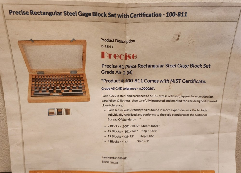 Complete Precise 81 Piece Rectangular Gage Block Set Grade AS-2 (B) - 100-810