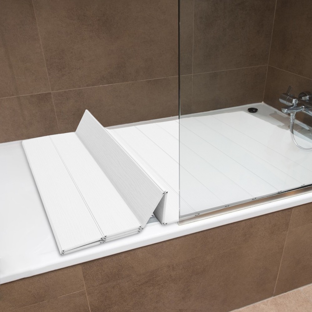 160*80cm Bath Cover Foldable White wood grain Rectangular Bath Lid for Bathroom