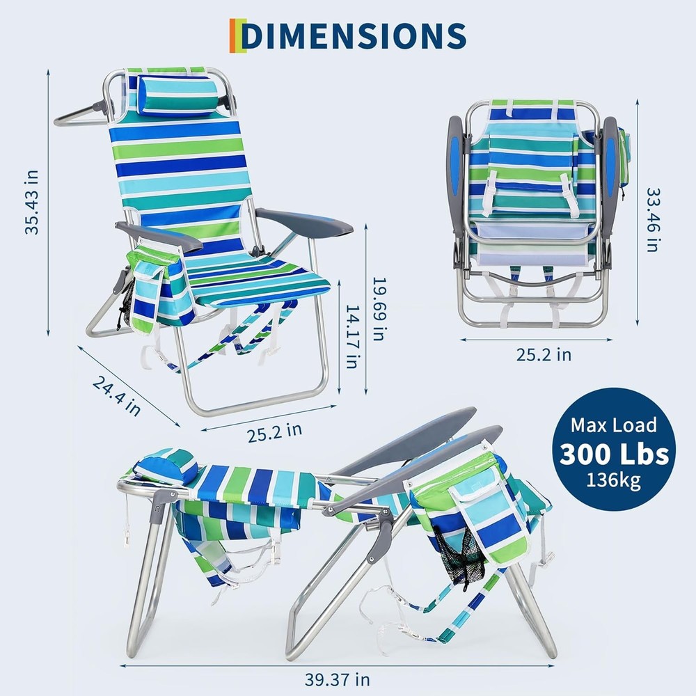 2 PCS Backpack Beach Chairs Lightweight Folding Chairs with Adjustable Backrest