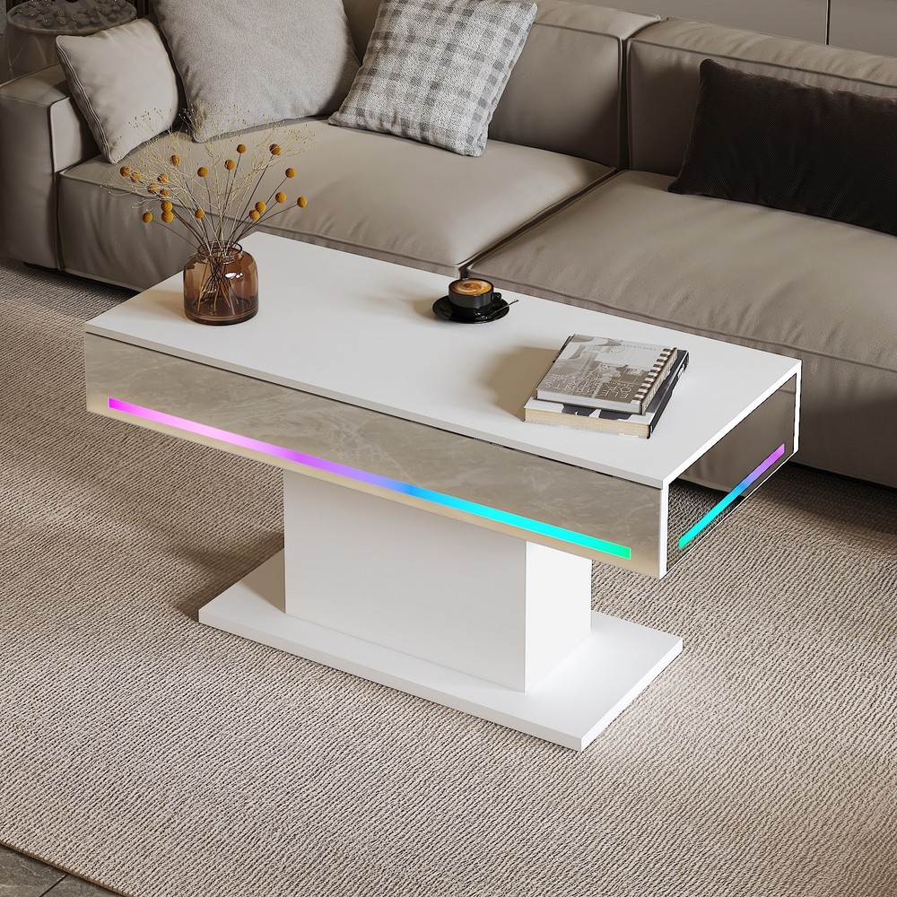 Led Coffee Table with 16 Colors LED Lights Living Room Rectangular Center Table