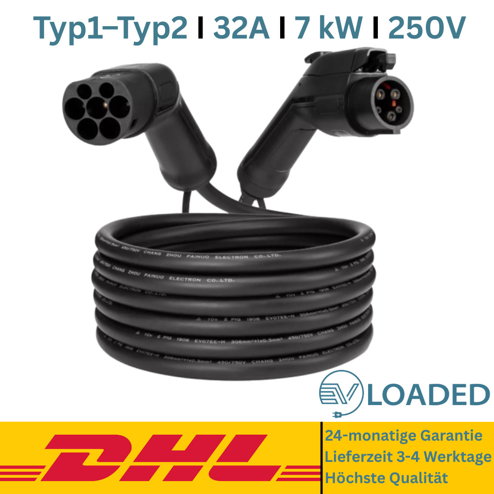 Charging Cable Type 1 - Type 2 (32A, 1 Phase, 7kW) - 10m