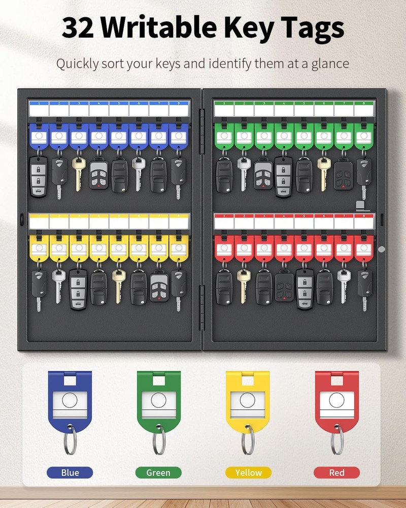 32 Position Key Lock Box, Wall Mount Key Box, Car Key Organizer with Writable...