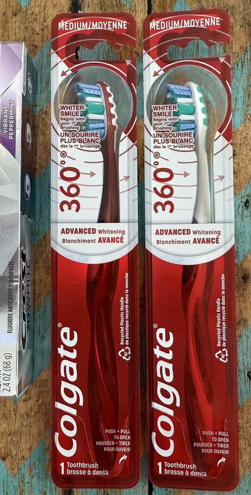 2)CREST 3D WHITE Toothpaste Mint 6/27 +4)COLGATE 360 Toothbrushes Extra,Soft,Med