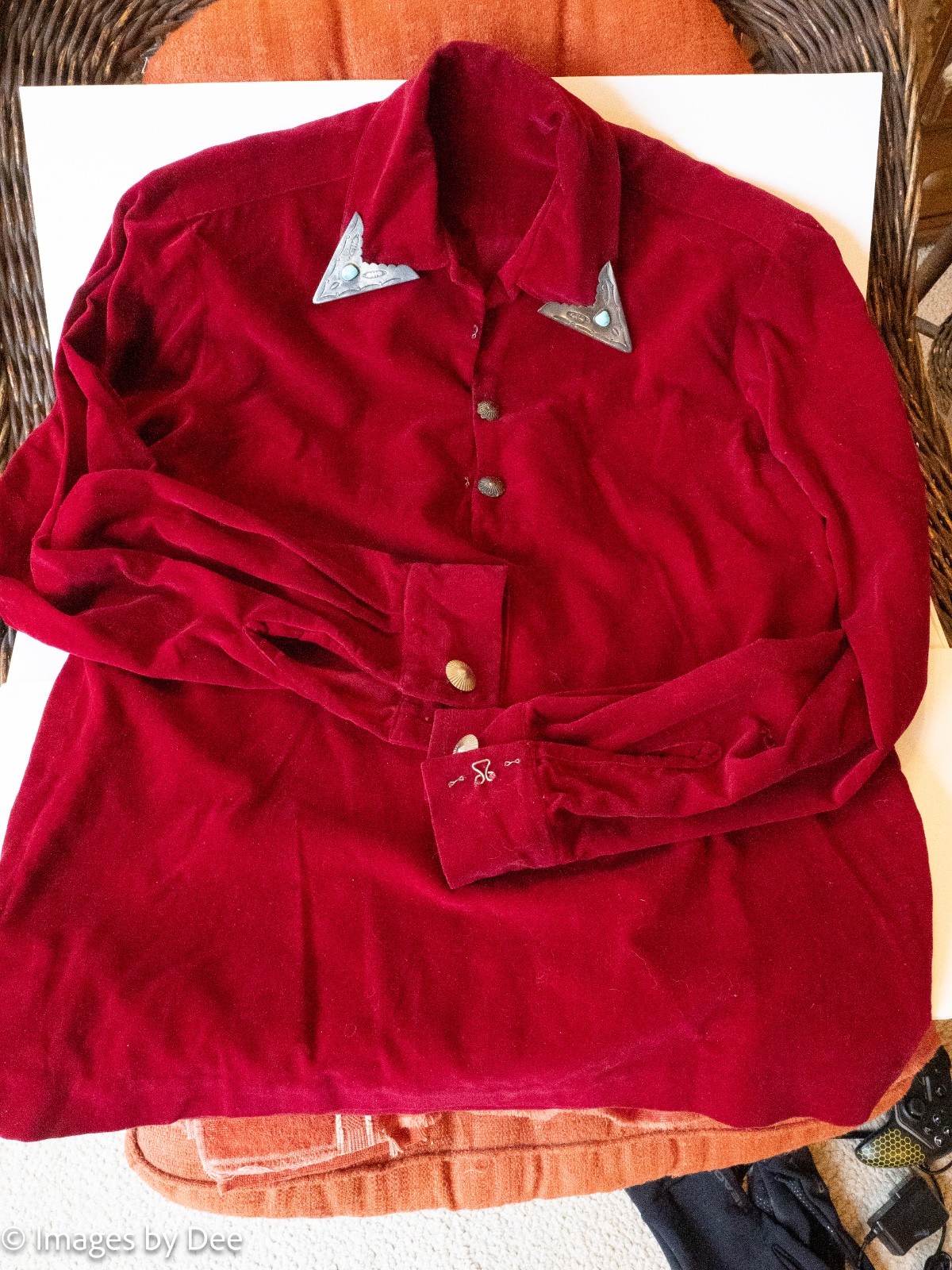 Vintage Navajo Handmade Red Velvet Shirt Sterling and Turquoise Collar tips