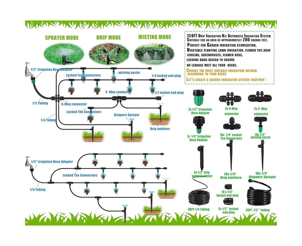 Leak-Proof Drip Irrigation Kit,Quick Connect Irrigation System, Lock Barbed G...