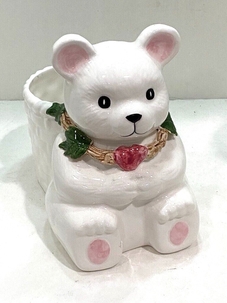 White Ceramic Teddy Bear Woven Basket Planter