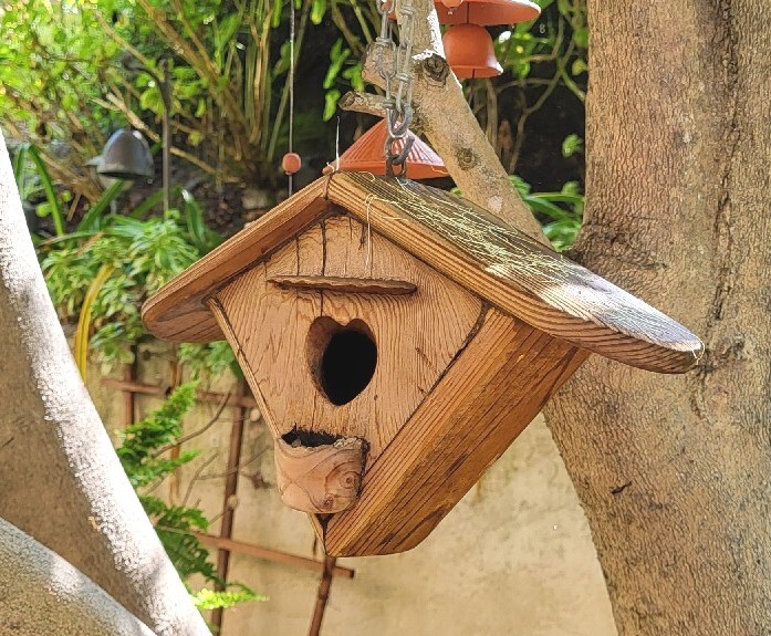 Vintage Triangular Hanging Birdhouse In Solid Oak, Heart Shaped Entry, Good Cond