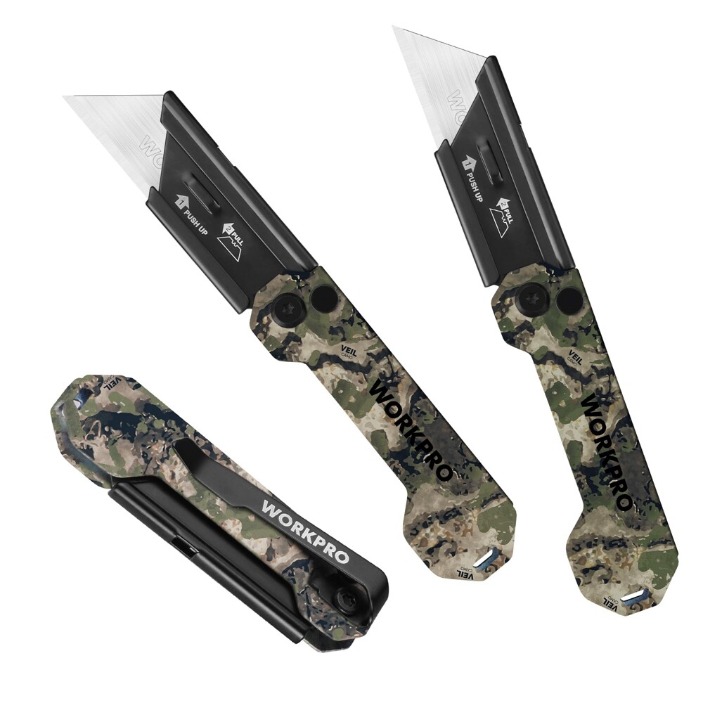 WORKPRO 3 PK Folding Utility Knife Set Axis Lock Box Cutter with Belt Clip Camo