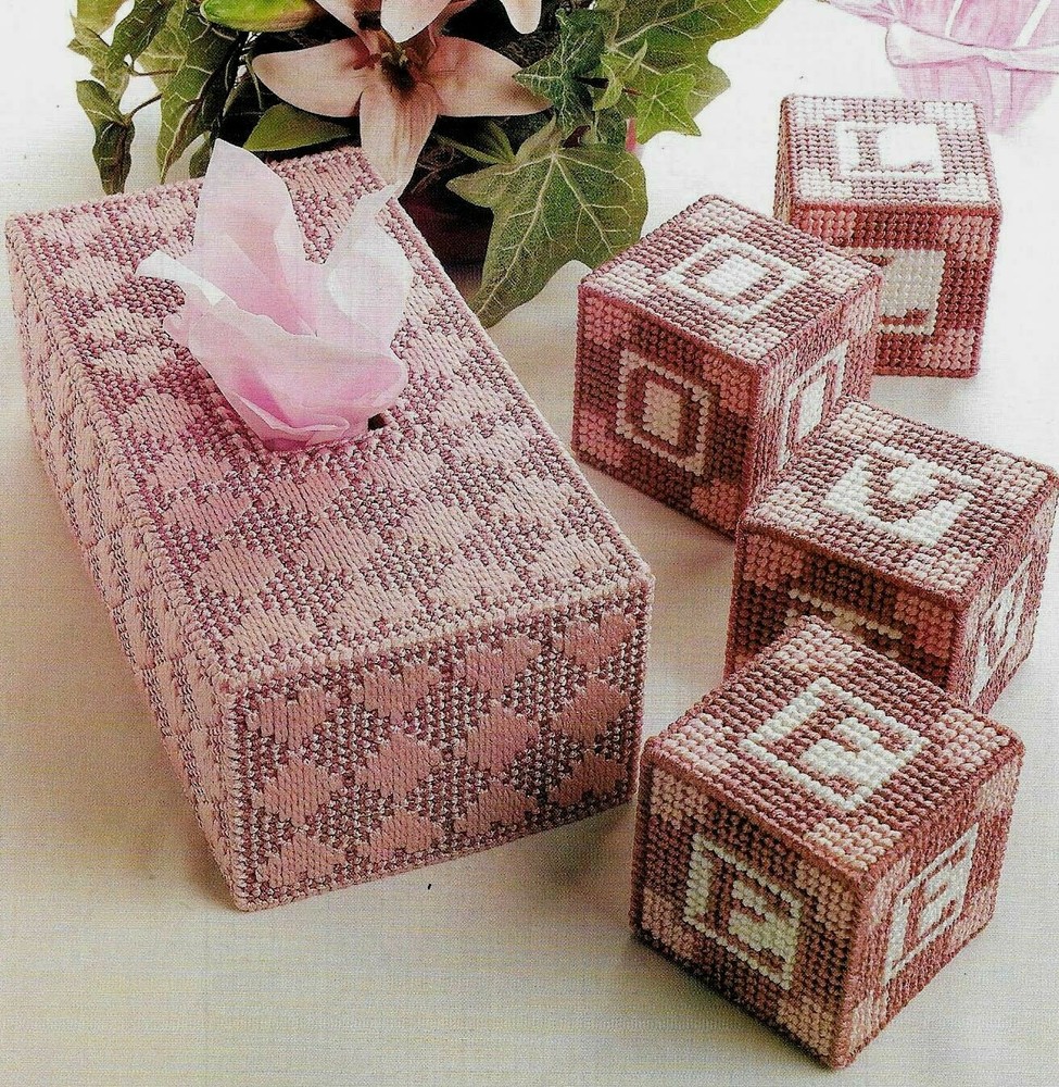 LOVE BLOCKS & TISSUE COVER VALENTINE'S DAY PLASTIC CANVAS PATTERN INSTRUCTIONS