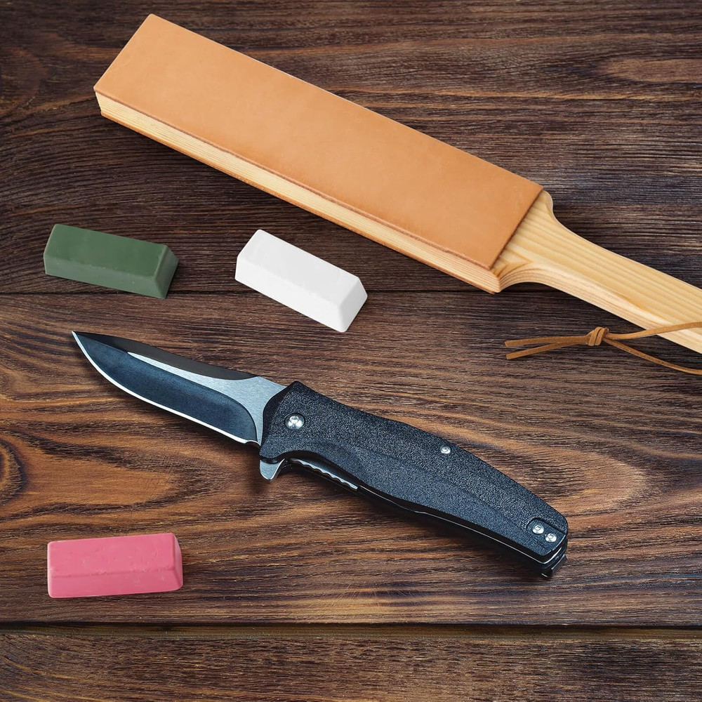 Double Side Leather Strop for Knife Sharpening - 14"X 2" Stropping Block Kit wit