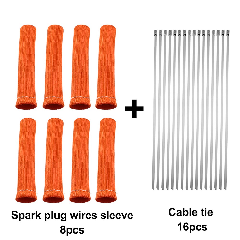 1 Set Car Engine Spark Plug Wire Boots Protector Sleeve w/ Cable Ties Orange