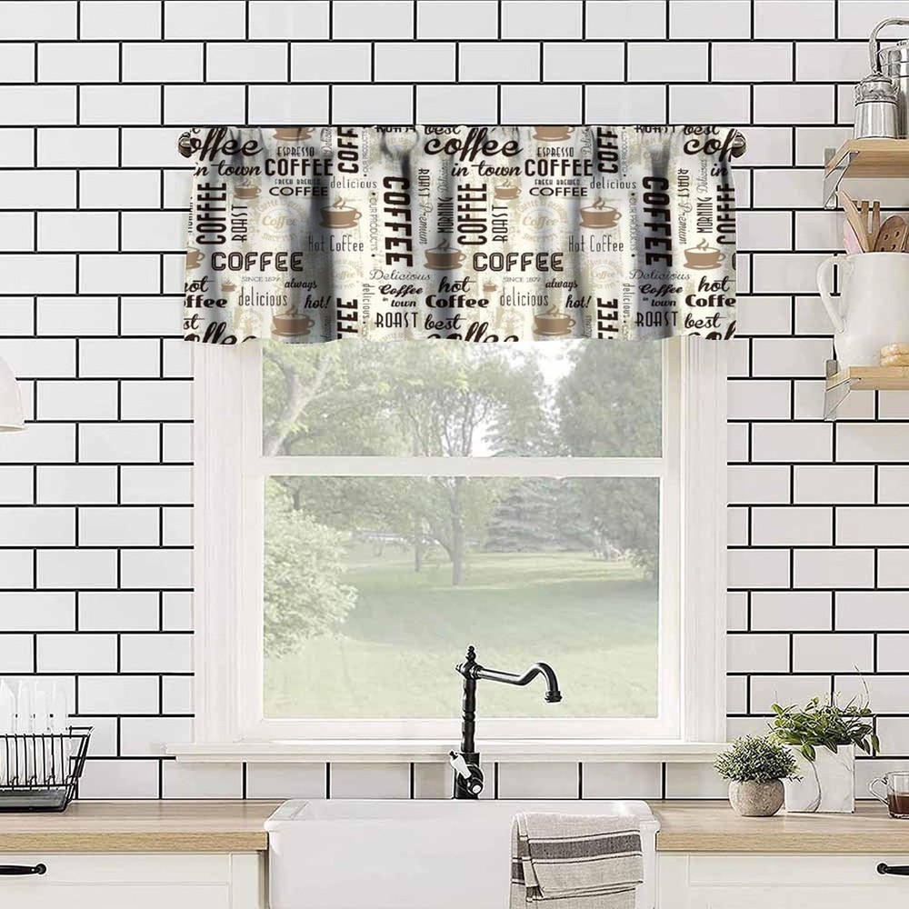 Coffee Kitchen Window Valance Curtains Rustic Coffee Theme Tea Cup Pattern Sh...
