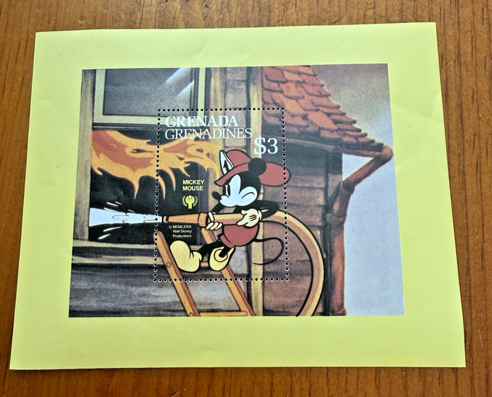Disney Grenada Mickey Mouse Fire Man Stamp Mini Sheet Unhinged