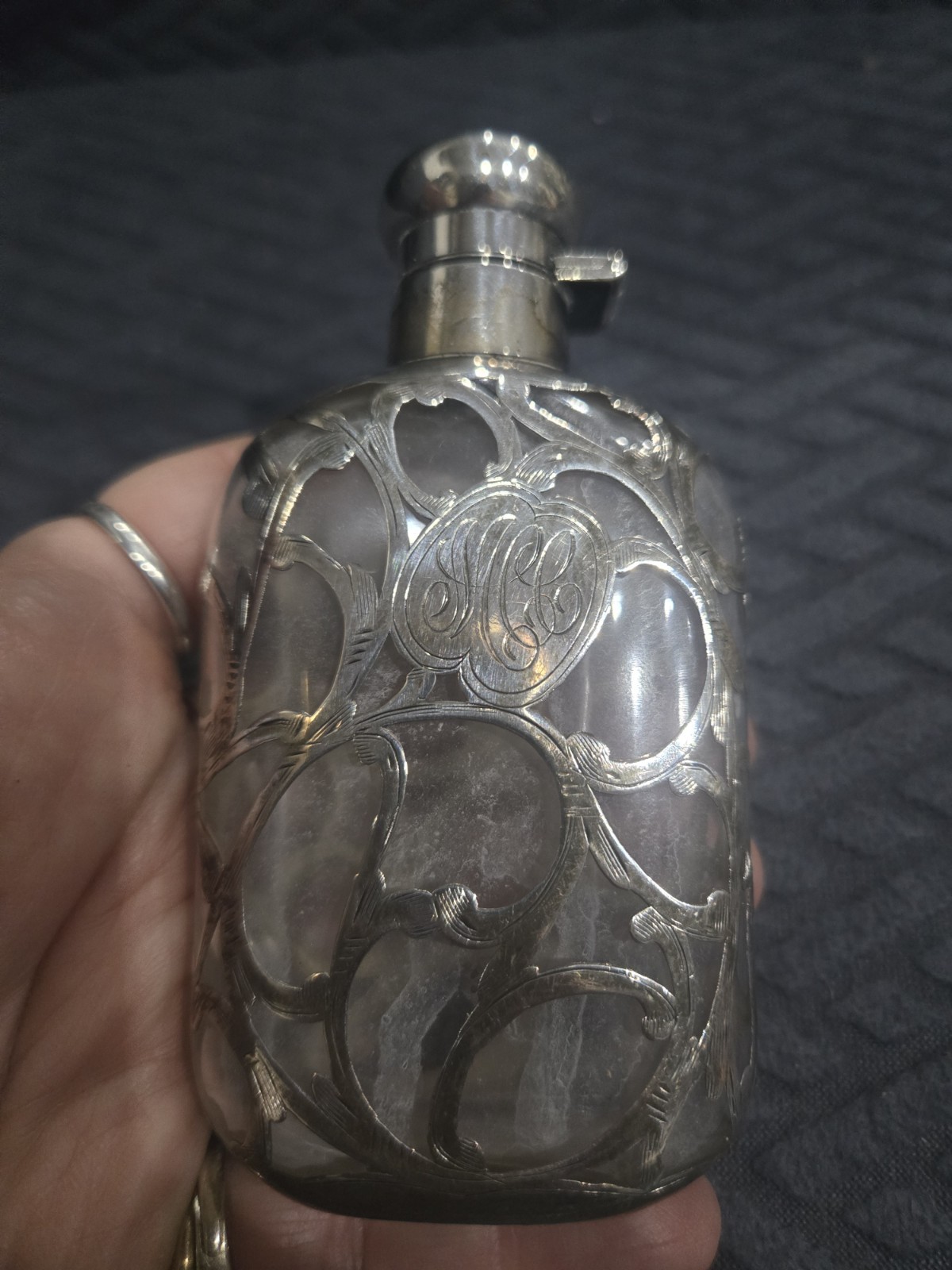 U23143 ANTIQUE Overlay STERLING Small FLASK With Engraved Initials G2U