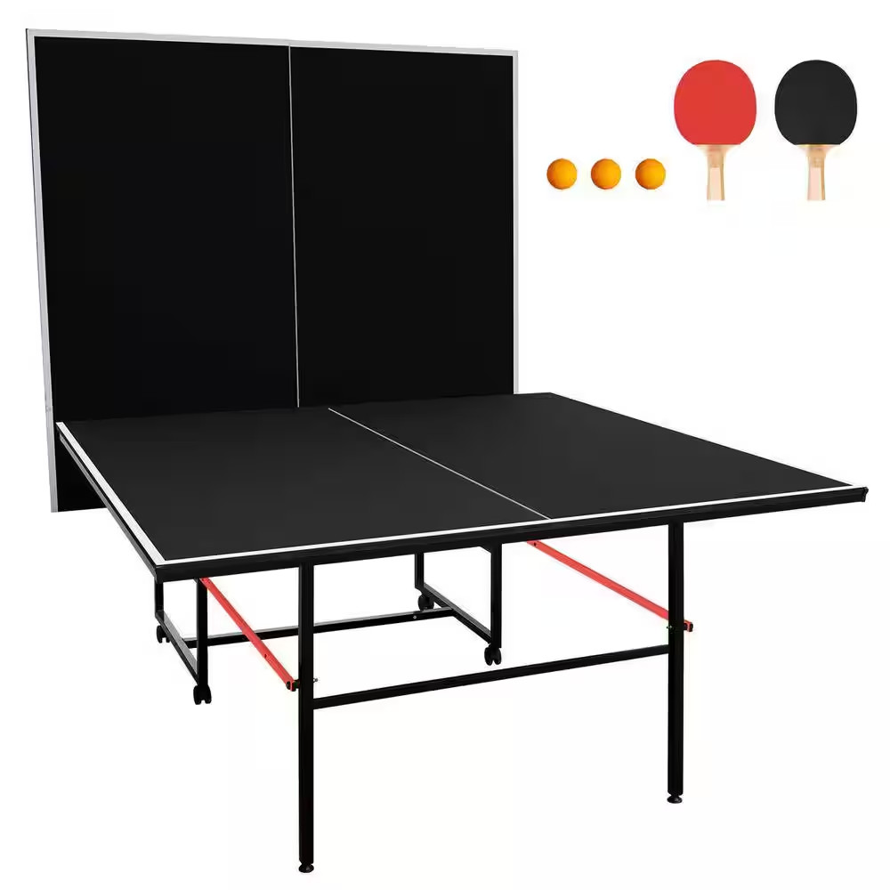 Black 9-Foot Medium-Sized Table Tennis Table, Foldable, Includes Net, 2-Table Te