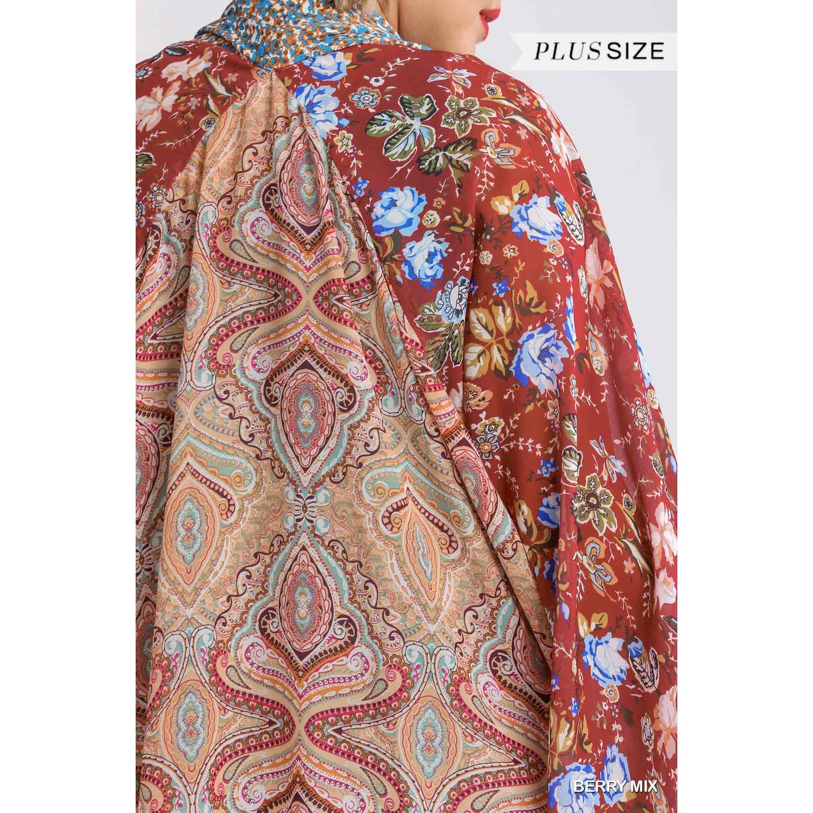 Umgee Sheer Long Paisley Floral Boho Kimono in Berry Mix Plus Size 1XL/2XL