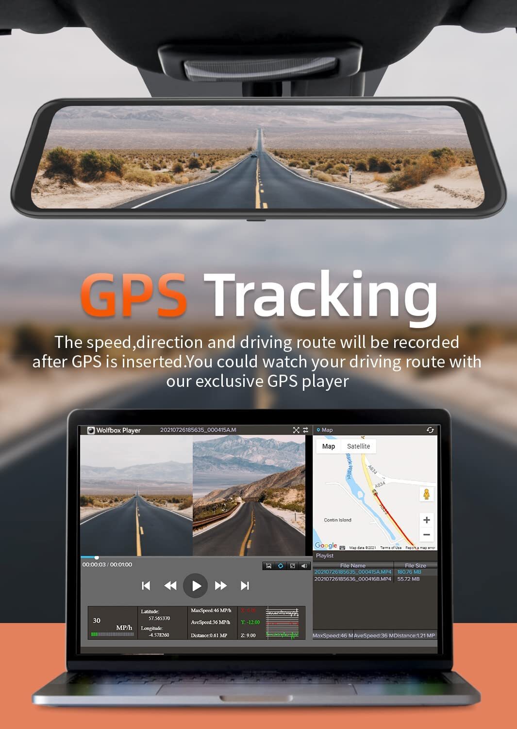 WOLFBOX 4K Mirror Dash Cam12'' Dual Dash Cameras Parking Monitoring 32GB SD