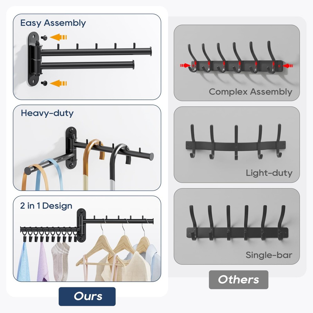 Wall Mounted Drying Rack, 2-Tier Laundry Drying Rack with Swing Arm, Space-Sa...