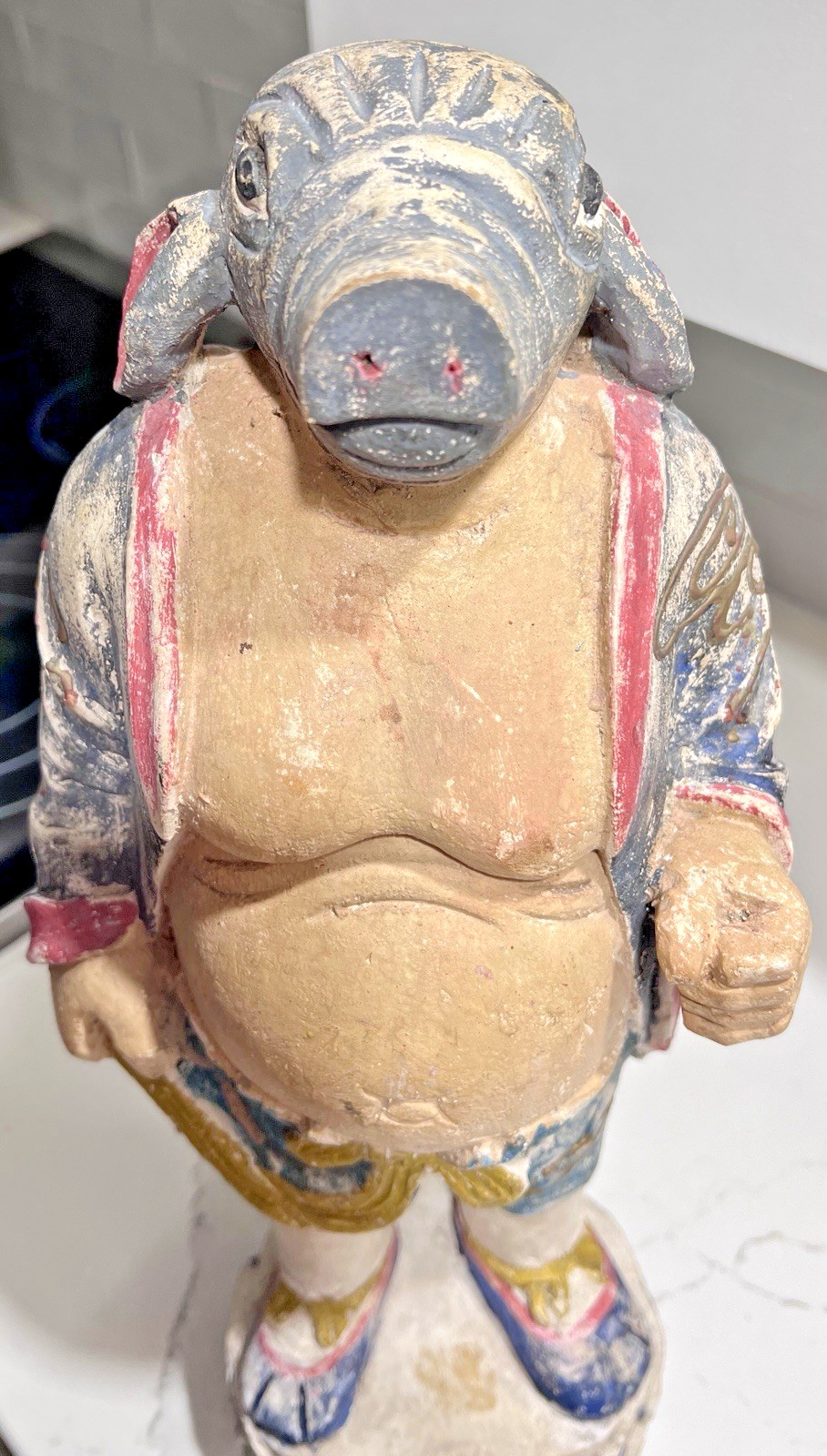 Vtg 20" Wood Folk Art Statue Pig-Headed Humanoid Hand Carved Peruvian Andean