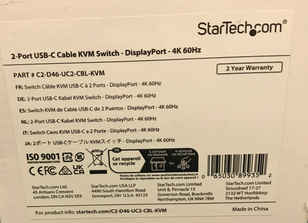 StarTech.com DisplayPort 4K 60Hz 2-Port USB-C Cable KVM Switch - Open Box -