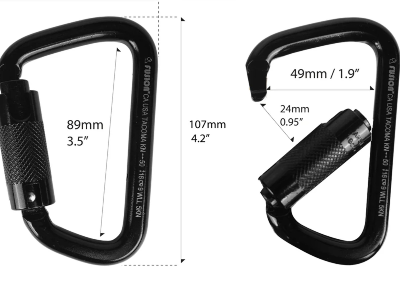 10-pack Fusion Tacoma Carabiner TRIPLE LOCK 50kn - 11,200Lbs HIGH STRENGTH BLACK