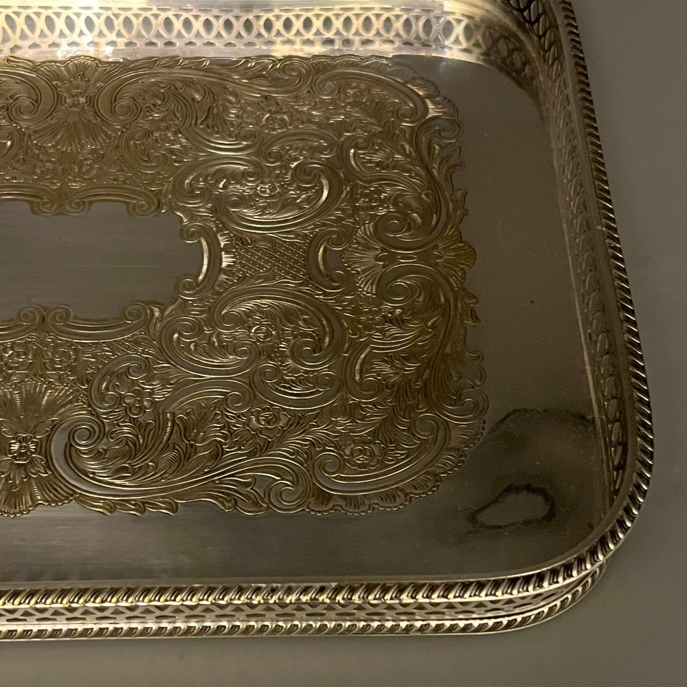 Vintage Silver Plated Gallery Tray Rectangular English Drinks Display on Brass