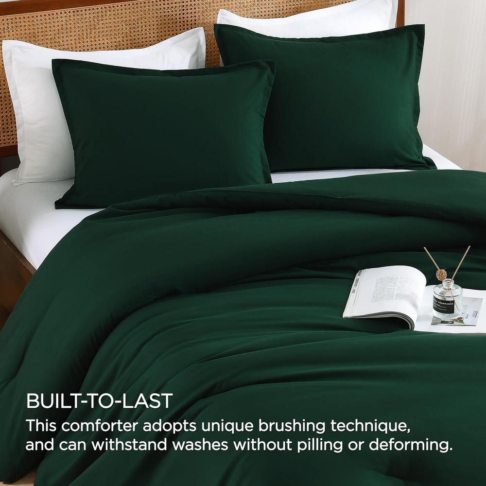 Dark Emerald Green Twin Size Comforter Set, 2 Pieces Boho Solid Bedding Comfo...