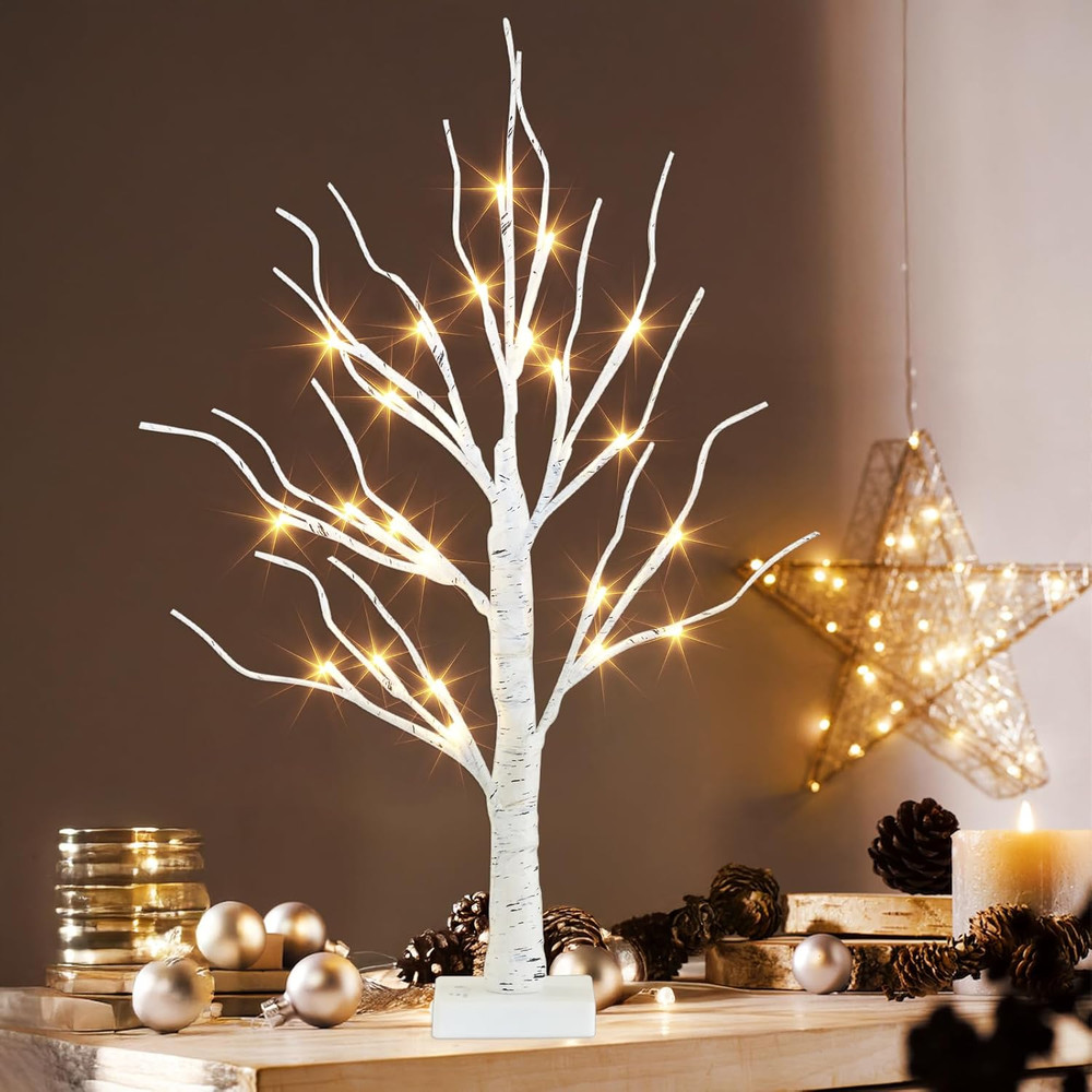 Artificial Tree for Easter Decorations, 2 FT Birch Tree with LED Lights, Warm Wh
