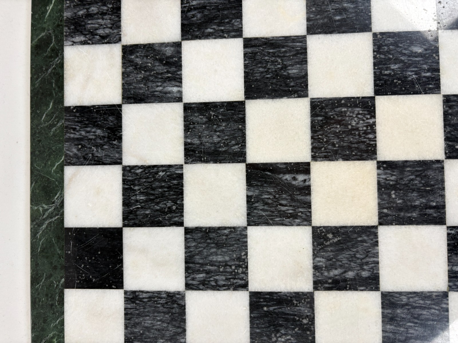 Marble Chess Board Black White With Green Border Stone 15 Inch Vintage Used