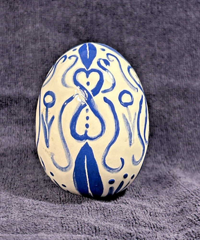 Ceramic Egg Small Folk Art Glazed Blue on White