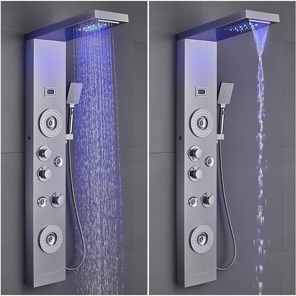 LED Shower Panel Tower Rainfall&Waterfall Shower Head W/ Massage Body Jet System