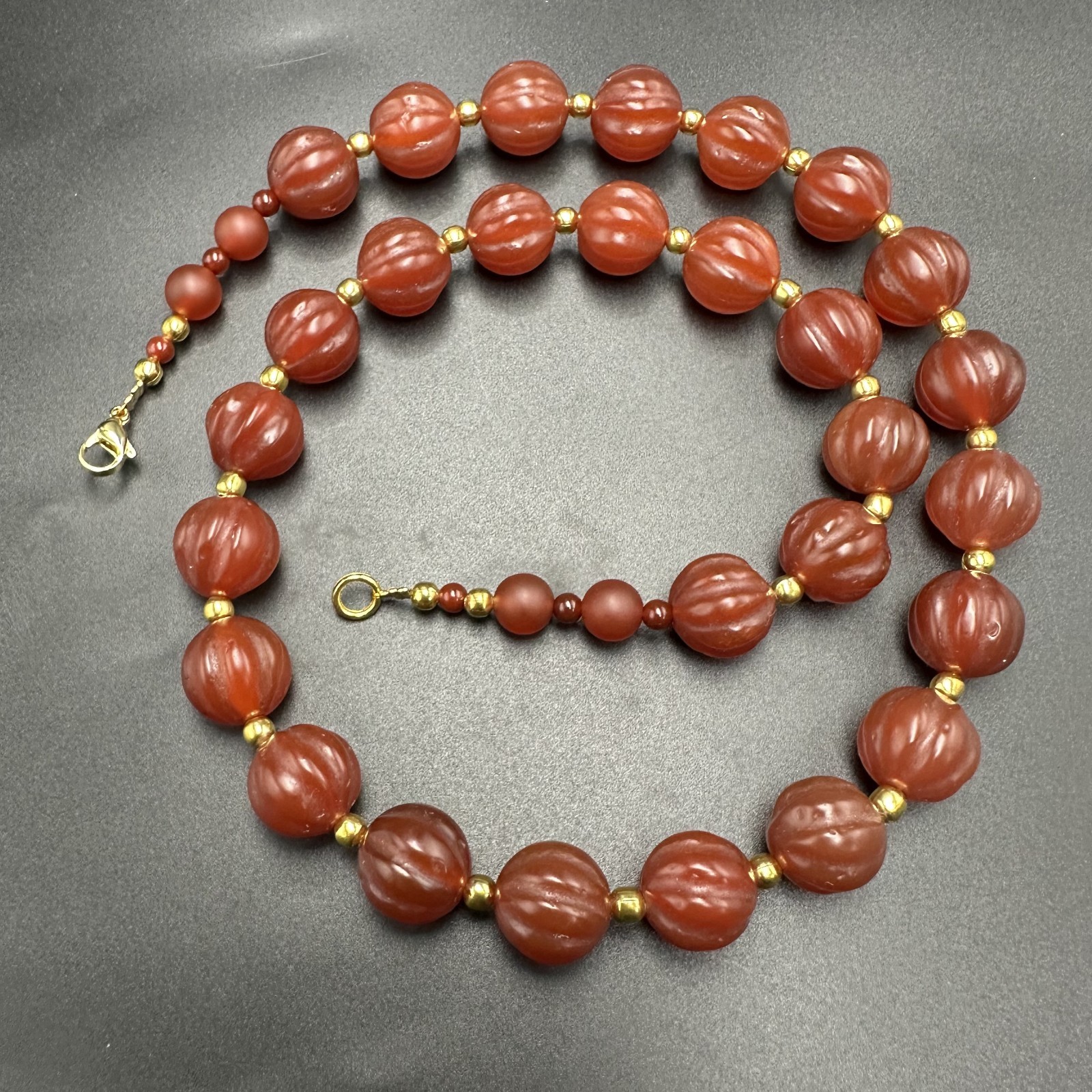 Vintage Himalayan Tibetan Carnelian Carved Agate Melon Shape Beads Necklace