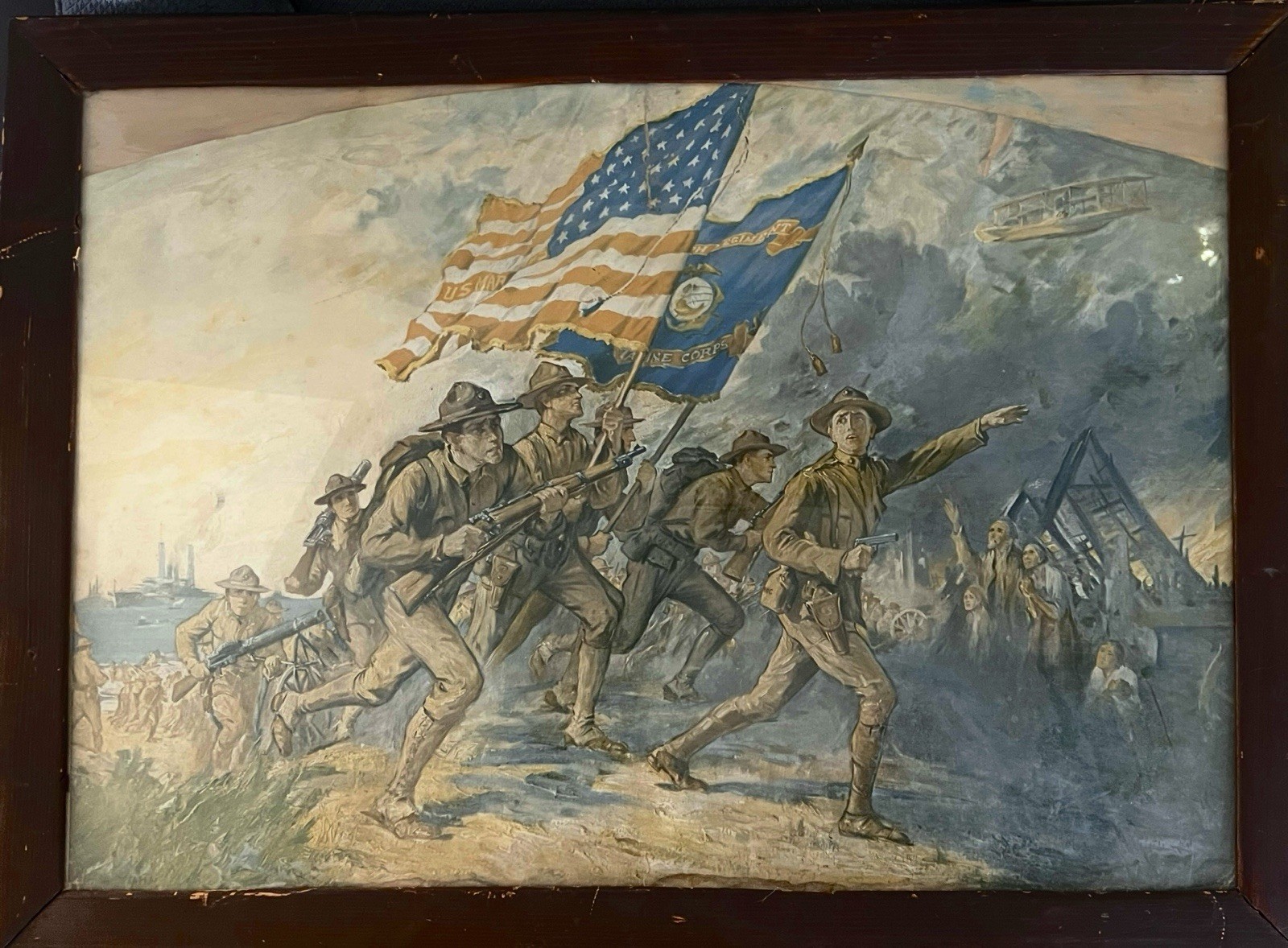 Rare Original 1917 WWI Marines Fight, American Flag Poster Style Military Poster