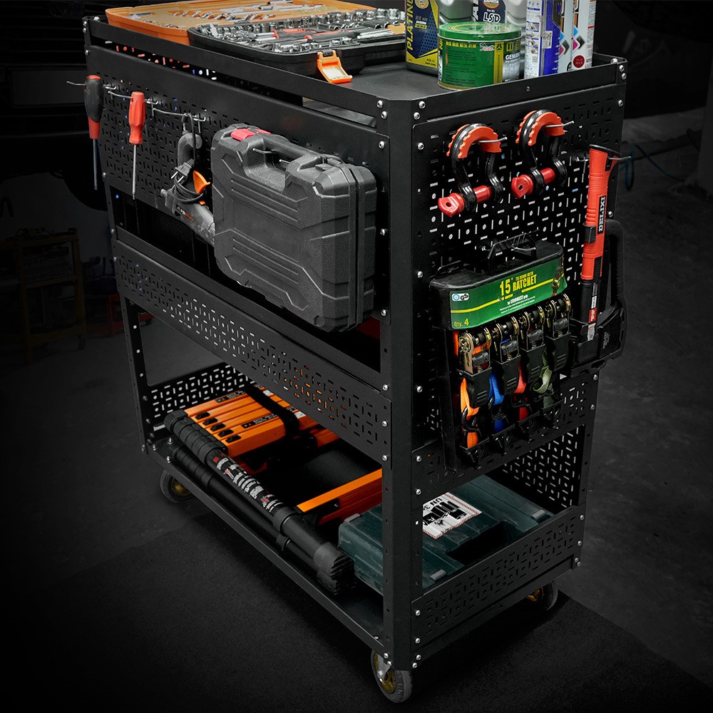 3-Tier Rolling Tool Cart with 4 Trays Mechanic Cart on Wheels 500-Lb Capacity